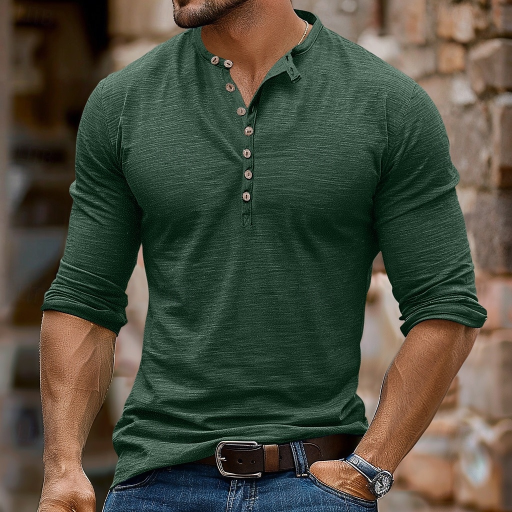 Bărbați Cămașă Henley Tee Top Tricou cu maneca lunga Manșon Lung Culoare solidă Modă Zilnic Nasturi Henley În aer liber Casual Vară Maro Închis Gri Închis Roșu Închis Tricou Henley 2025 - $23.99 –P10