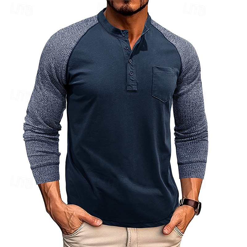 Herren T-Shirt mit Knöpfen T Shirt Henley Hemd T-Shirt Langarm Henley Frühling & Herbst Farbblock Mode Designer Basic Patchwork Urlaub Straße Ausgehen Königliches Blau Blau Armeegrün Top T-Shirt für 2025 - $32.99 –P4