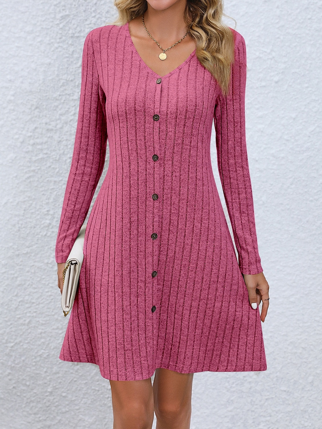 kvinners liten svart kjole en linje kjole mote arbeidsmote lang kjole maxikjole knapp v-hals langermet vanlig vanlig passform svart rosa grønn vår høst s m l xl 2xl 2025 - $35.99 –P4