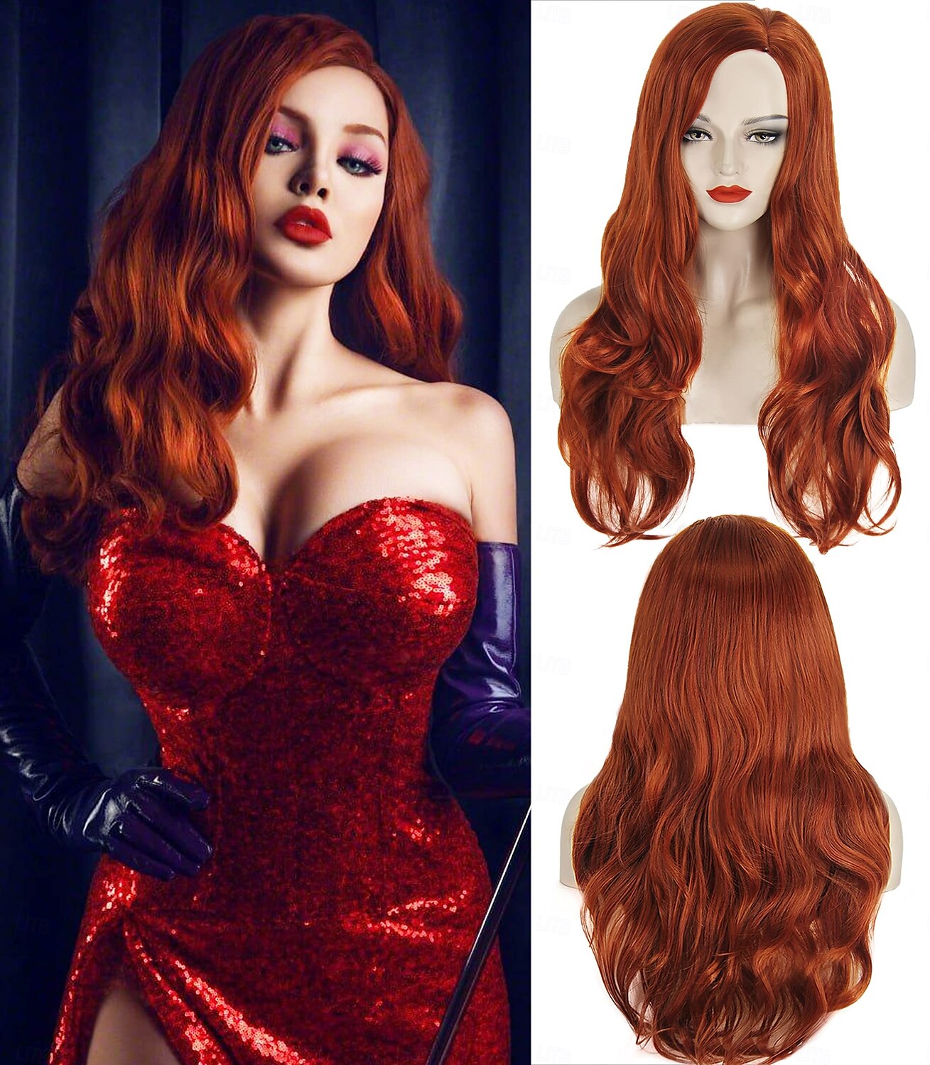Pelucas para disfraz de Jessica Rabbit, pelucas largas onduladas de sirena de color rojo cobre para mujer, fiesta de Halloween, uso diario 2025 - $15.99 –P1