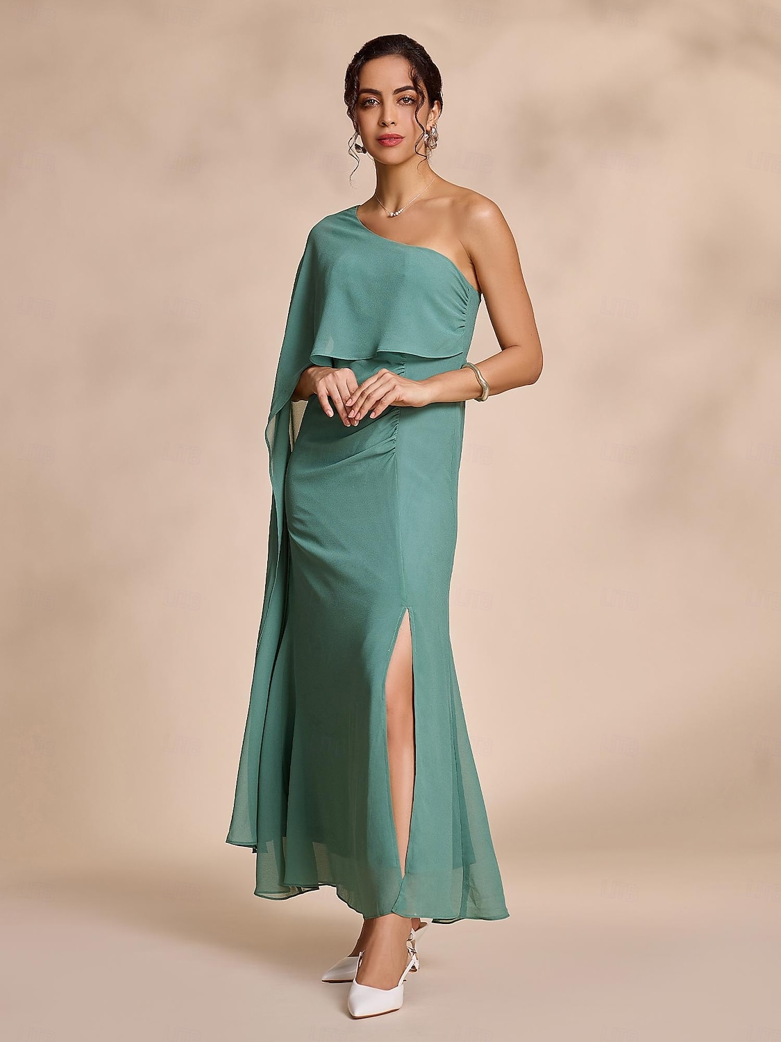 abito lungo con volant e peplo in chiffon verde per feste/invitati a nozze, abito per stupire 2024 del 2025 a $52.99 –P7