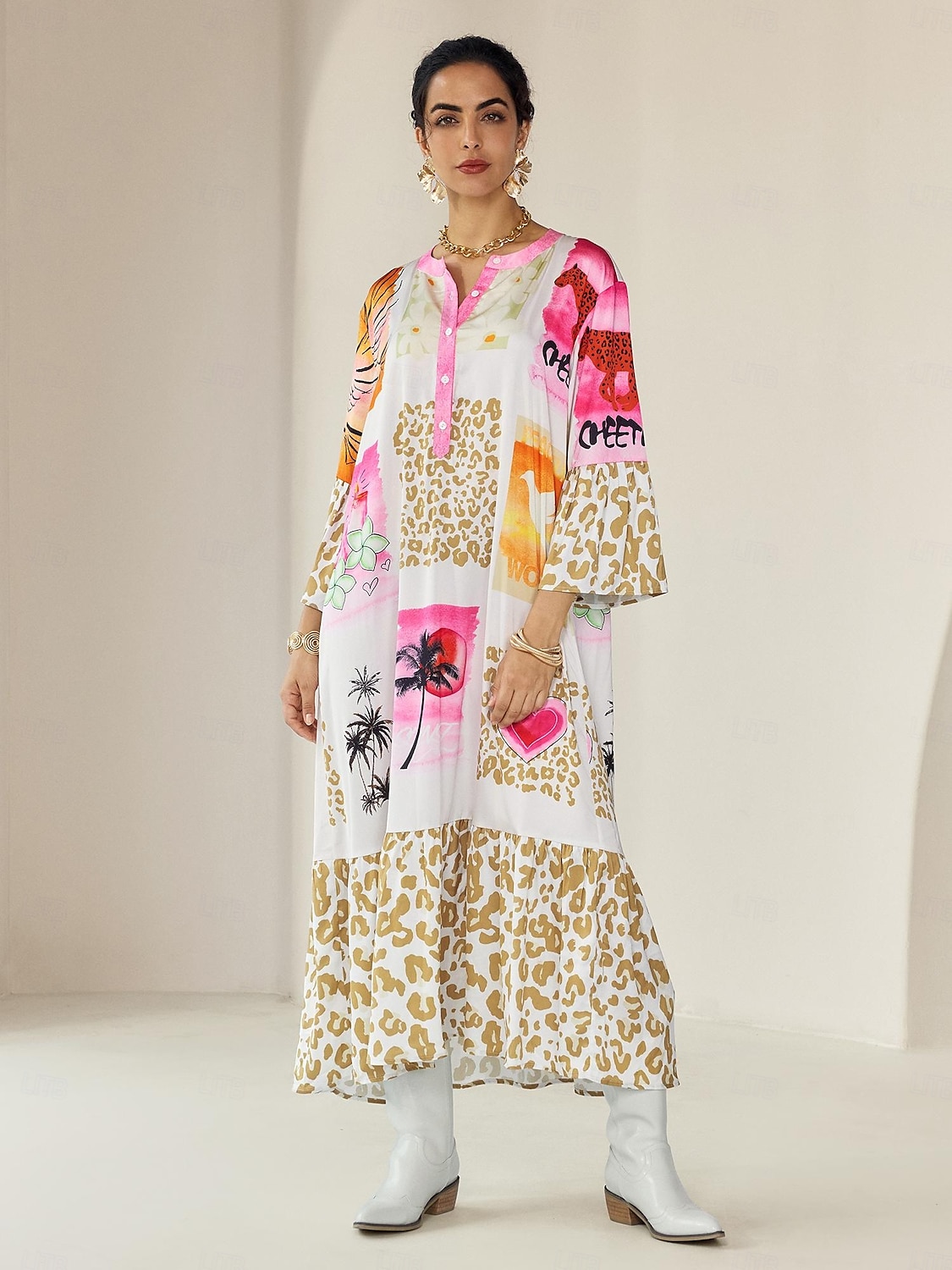 Robe longue décontractée à col ras du cou et à boutons en satin imprimé léopard de 2025 ? $68.99 –P6