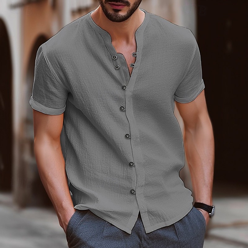 Men's Shirt Linen Shirt Band Collar Shirt Summer Shirt Beach Wear Button Up Shirt Plain Vacation Casual Black White Blue Khaki Short Sleeve Band Collar Summer Clothing Apparel 2025 - $21.99 –P6