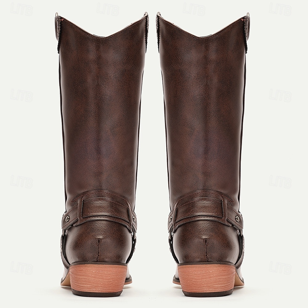 Botas de motociclista estilo western de piel sintética marrón para hombre: estilo clásico con detalle de arnés para uso ecuestre y casual 2025 - $59.99 –P2