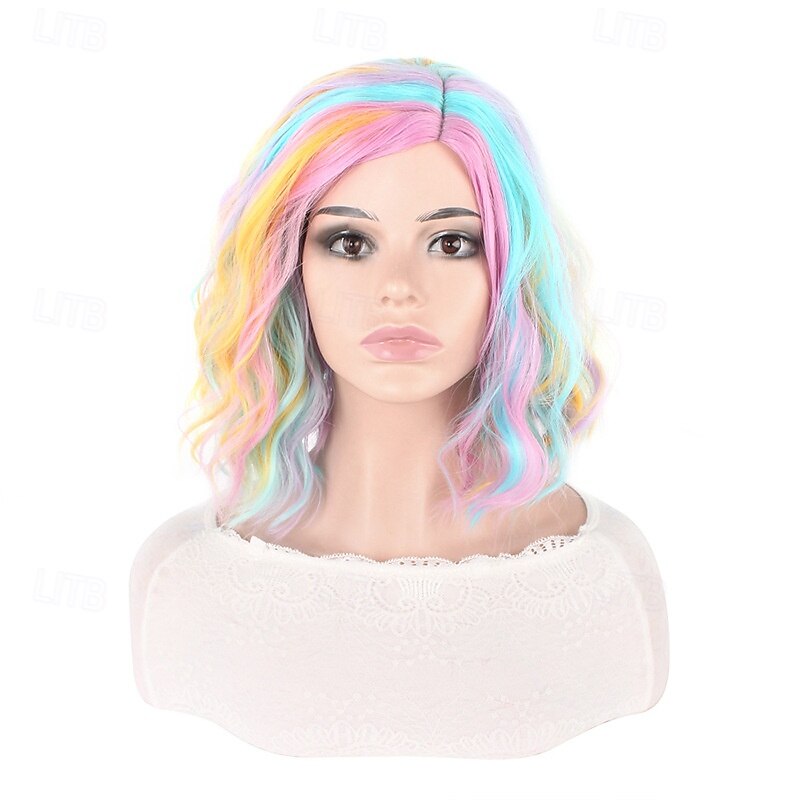 parrucche sintetiche corte da donna resistenti al calore capelli ricci parte centrale parrucca multicolore arcobaleno blu arancione sfumata del 2026 a $15.49 –P7