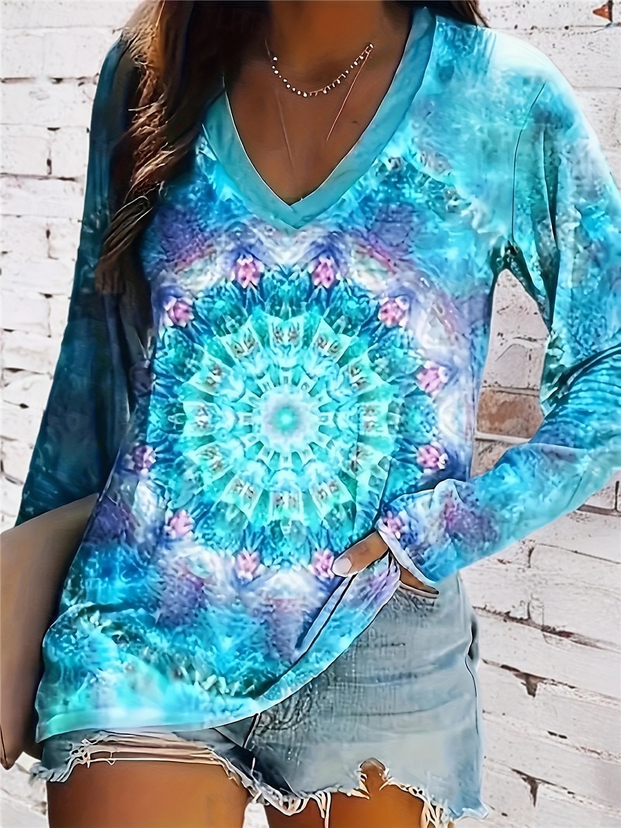 maglietta da donna casual stampa manica lunga top regolari scollo a V quotidiano blu primavera& autunno del 2025 a $22.99 –P1