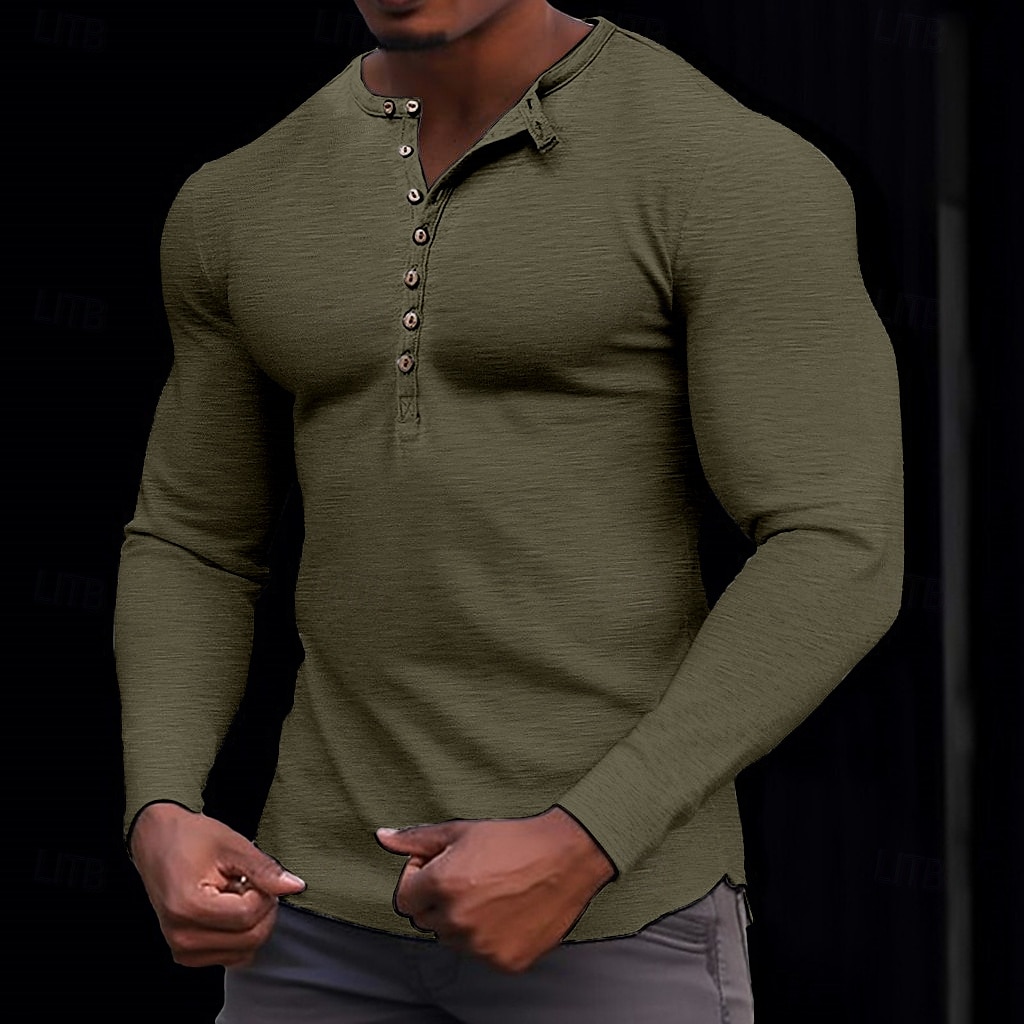 100% bawełniana męska koszulka henley koszulka z długim rękawem koszula z długim rękawem jednolity kolor modny codzienny guziki henley outdoor casual lato ciemnobrązowy wojskowa zieleń ciemnoszary henley t-shirt 2025 - $22.99 –P7