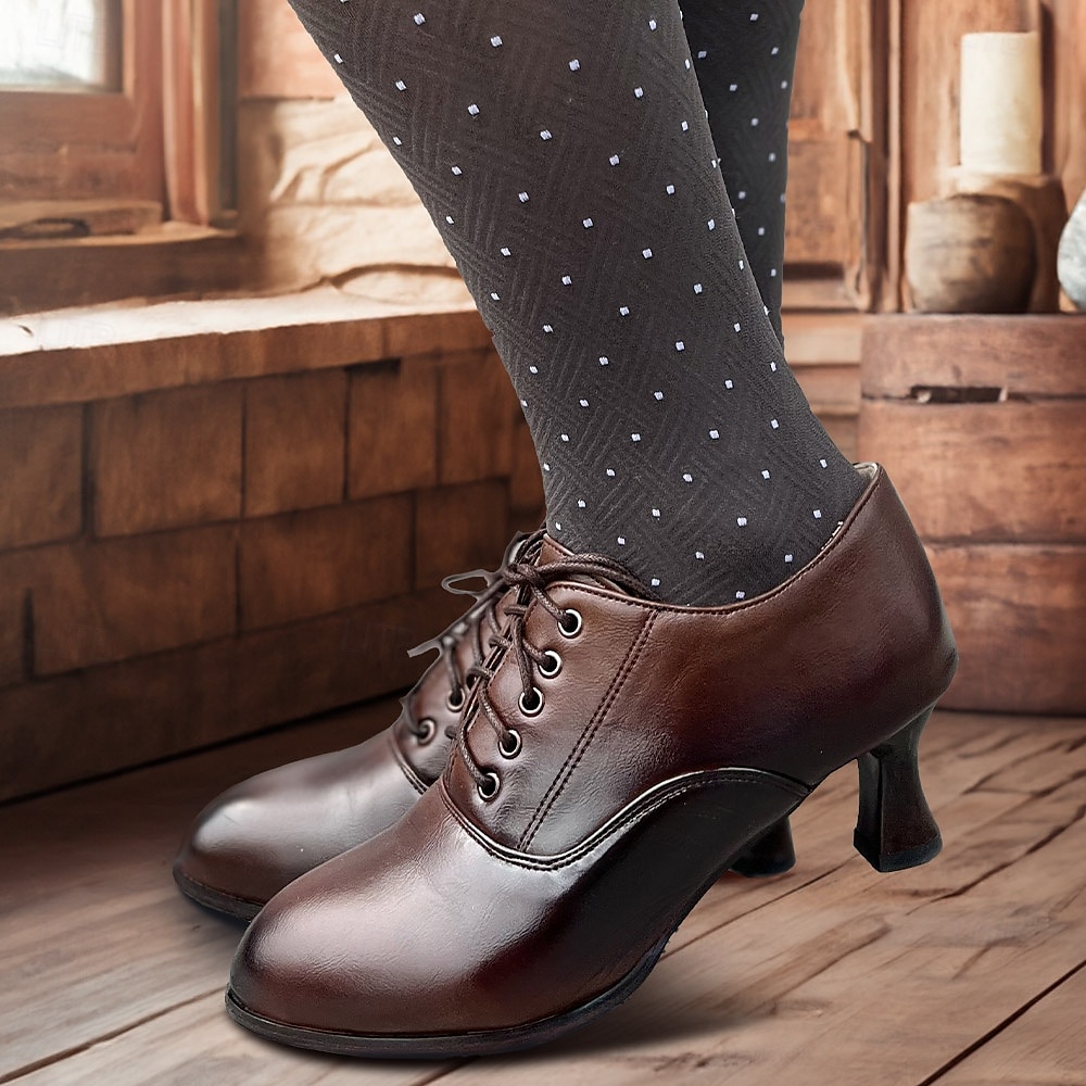 damskie gatsby vintage brown ze sztucznej skóry sznurowane buty na obcasie oxford - styl retro wiktoriański na formalne i codzienne okazje 2025 - $54.99 –P5
