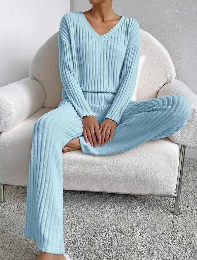 Women's Loungewear Pajama Set Simple Home V Neck Long Sleeve Pullover Pant Spring Fall Black Blue Home Outfits 2025 - $33.99 –P11