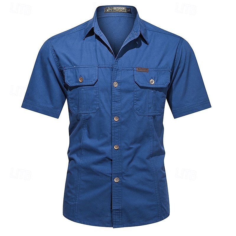 Men's Shirt Summer Shirt Casual Shirt Button Up Shirt Cargo Shirt Denim Blue Black Yellow Deep Blue khaki Short Sleeves Plain Shirt Collar Vacation Hawaiian Pocket Clothing Apparel 100% Cotton 2025 - $27.99 –P14