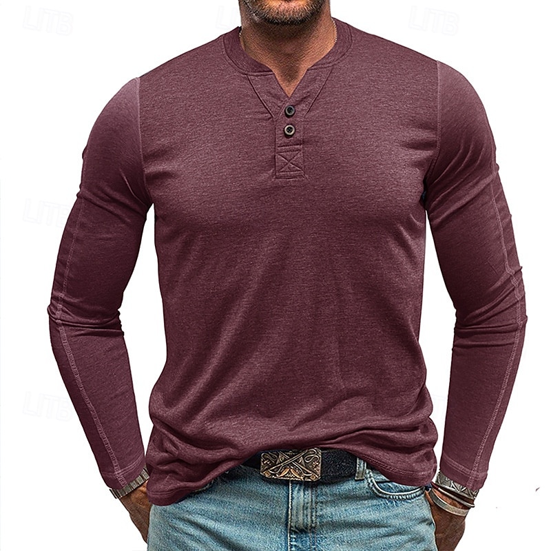 Herren T-Shirt mit Knöpfen T Shirt Henley Hemd T-Shirt Langarm Henley Frühling & Herbst Einfach Mode Designer Basic Urlaub Straße Ausgehen Meerblau Wein Blau Top T-Shirt für Herren 2025 - $26.99 –P10