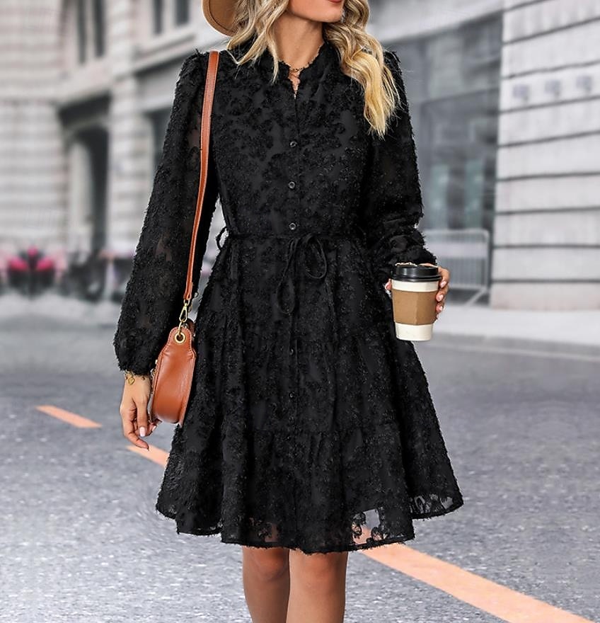 Per donna Abito semplice Vestito longuette Pizzo Pulsante Vintage Informale Colletto Manica lunga Nero Bianco Verde Colore del 2025 a $41.99 –P1