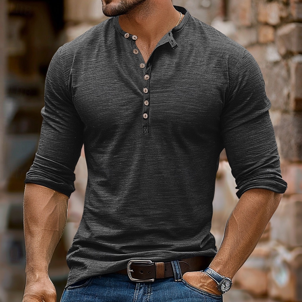 Bărbați Cămașă Henley Tee Top Tricou cu maneca lunga Manșon Lung Culoare solidă Modă Zilnic Nasturi Henley În aer liber Casual Vară Maro Închis Gri Închis Roșu Închis Tricou Henley 2025 - $23.99 –P11