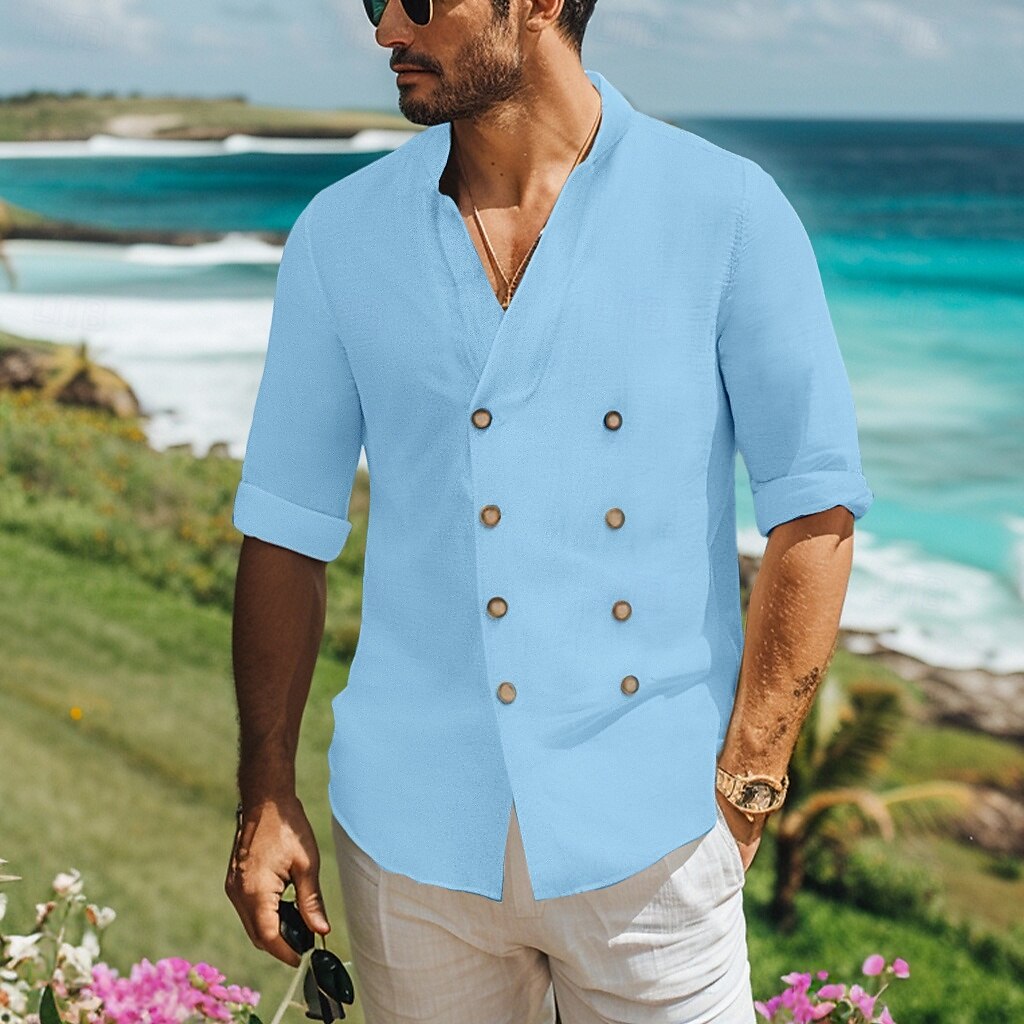 Herren Hemd leinenhemd Hemd mit Stehkragen Sommerhemd Strandbekleidung Knopfhemd Glatt Urlaub Curise Schwarz Weiß Blau Langarm Stehkragen Frühling Sommer Bekleidung Doppelreihiger Verschluss 2025 - $25.99 –P4