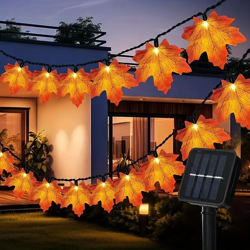 Ghirlandă artificială cu frunze de arțar cu energie solară 6,5 m 30 led-uri de Ziua Recunoștinței Halloween frunze de toamnă decorare în aer liber grădină interioară terasă șemineu pentru iluminat 2025 - $14.49 –P2