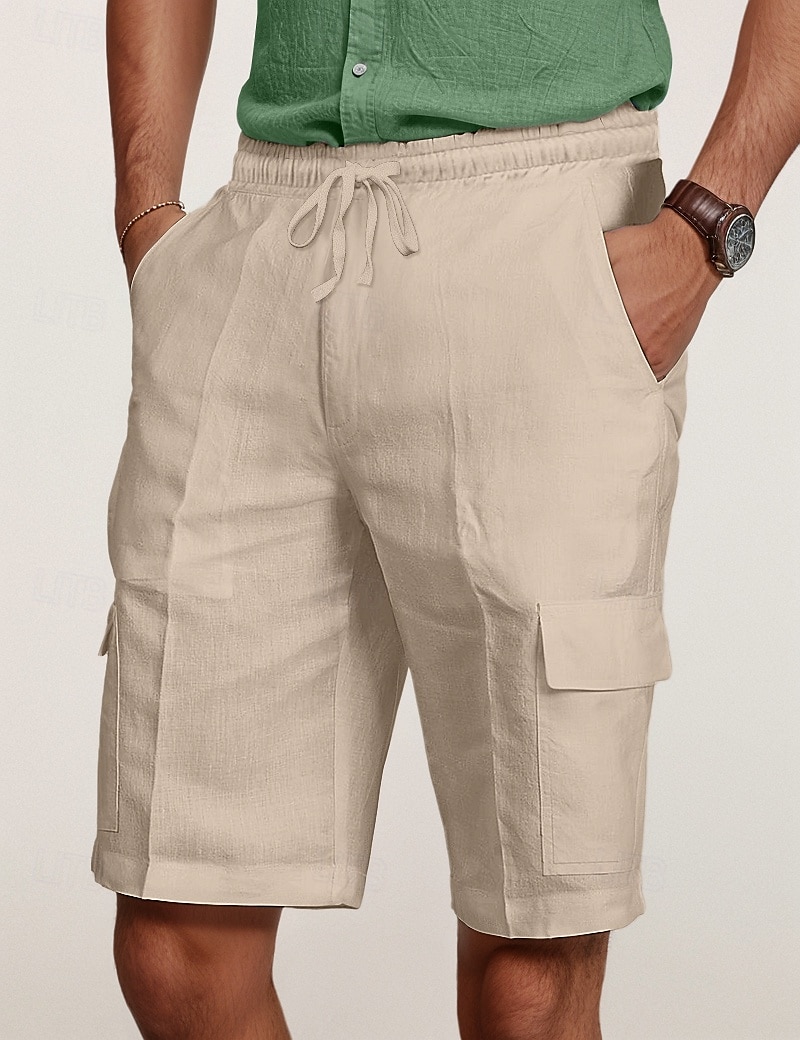 Men's Cargo Shorts Shorts Linen Shorts Summer Shorts Beach Shorts Drawstring Elastic Waist Multi Pocket Plain Knee Length Outdoor Casual Daily Vacation Casual Black White Inelastic 2025 - $22.99 –P8