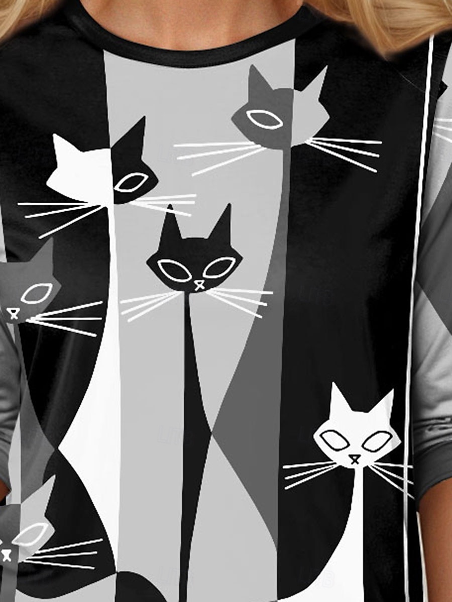 Camiseta Feminina de Manga Longa Gola Redonda Longa Tunic Casual Ombre Impressão de Gato Tops Regulares Diários Pretos Primavera Outono Pré-Outono de 2026 por $24.99 –P3