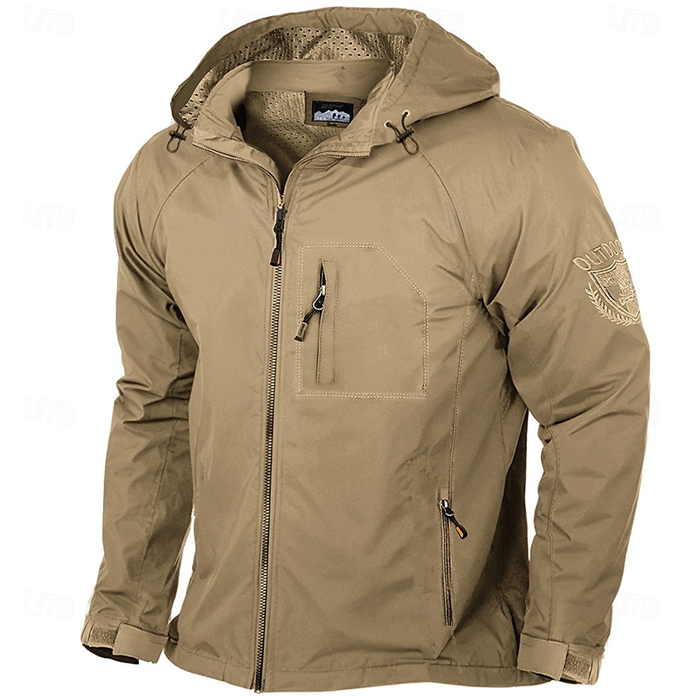 Voor heren Geborduurd Jas Regenjas Shell jas waterdicht Regenbestendig Lichtgewicht Casual Buitensporten Kamperen&Wandelen Geborduurd Zijzakken Rits voorzijde Herfst Winter Capuchon Lange mouw khaki 2025 - $44.99 –P2