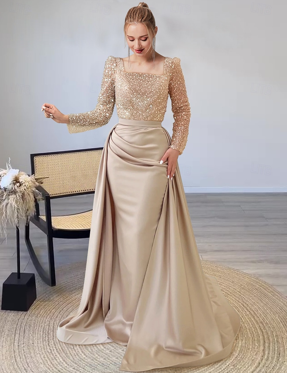Meerjungfrau Abendkleid Elegantes Kleid Formelles Bodenk Länge Langarm Illusion-Ausschnitt Champagner Mutter der Braut Kleid Pailletten mit Perlen Überrock 2025 2025 - $230.99 –P1