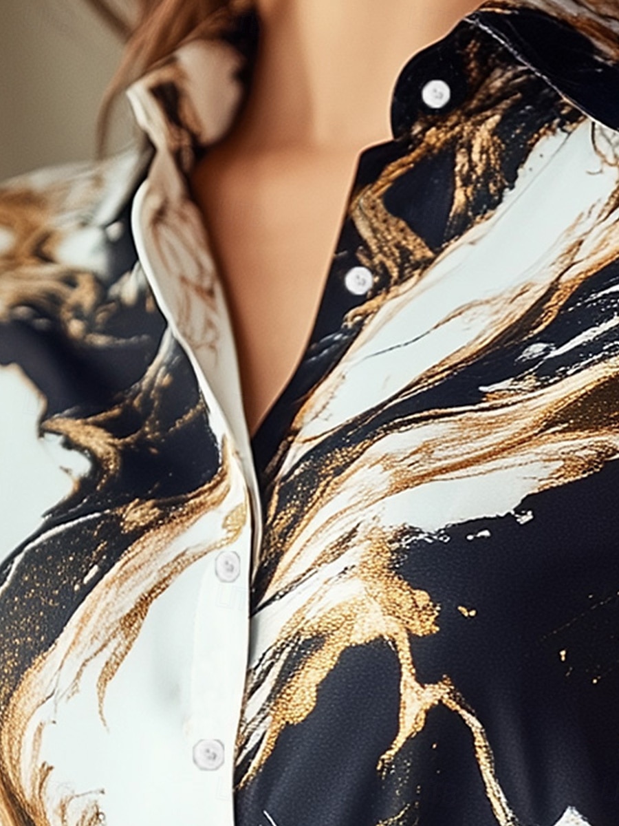Damen Shirt Modern Print Langarm Regular Tops Hemdkragen Arbeit Schwarz Sommer Frühling Herbst 2025 - $29.99 –P3