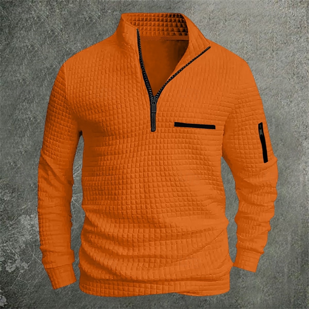 2025年 男性用 ワッフルポロシャツ Pullover スポーツ デイリーウェア クォータージップ 長袖 ファッション 快適 カラーブロック ポケット ジッパーを閉める 春 & 秋 レギュラー ブラック ホワイト ブルー オレンジ ワッフルポロシャツ コレクション – $22.99 –P1