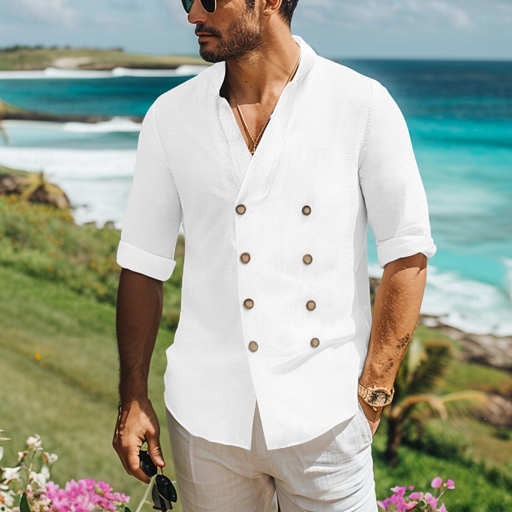 Herren Hemd leinenhemd Hemd mit Stehkragen Sommerhemd Strandbekleidung Knopfhemd Glatt Urlaub Curise Schwarz Weiß Blau Langarm Stehkragen Frühling Sommer Bekleidung Doppelreihiger Verschluss 2025 - $25.99 –P1