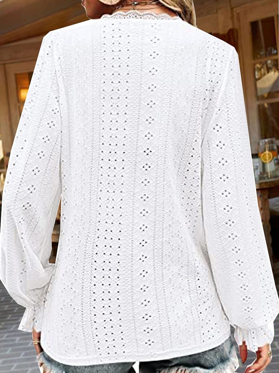 Women's White Elegant Lace Tops Eyelet Blouse Stylish Solid Color Eyelet Puff Sleeve Long Sleeve Regular Tops V Neck Daily Romantic Petite Tops Summer Holiday Wear White Pink Purple Green Spring Fall 2025 - $27.99 –P5
