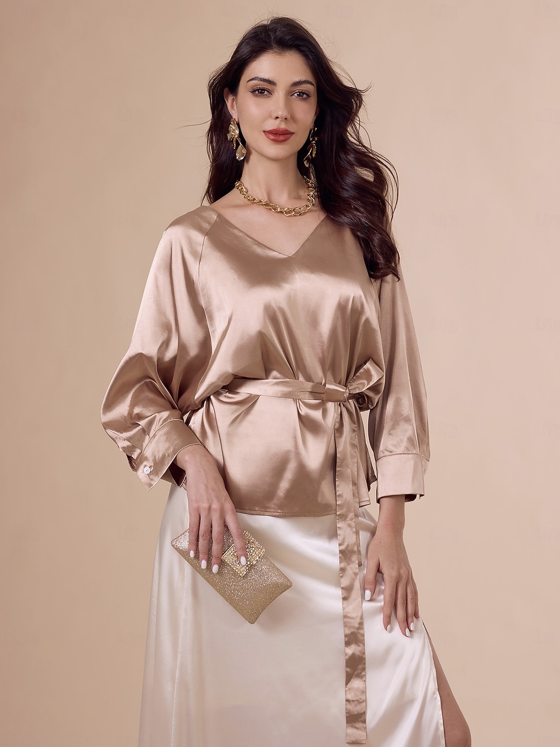 blusa elegante decote em v com cinto dourado de cetim de 2025 por $61.99 –P6