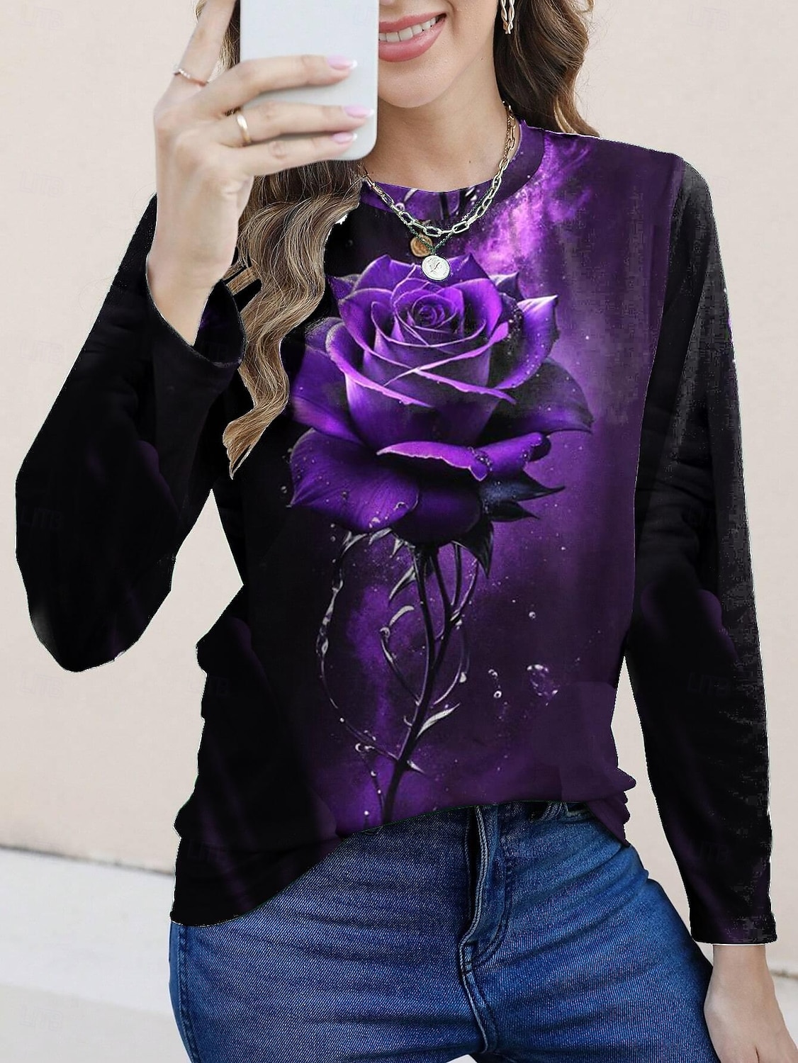 T-shirt pour femmes à impression casual tops réguliers quotidien noir blanc rose poussiéreux violet printemps automne de 2025 ? $22.99 –P5