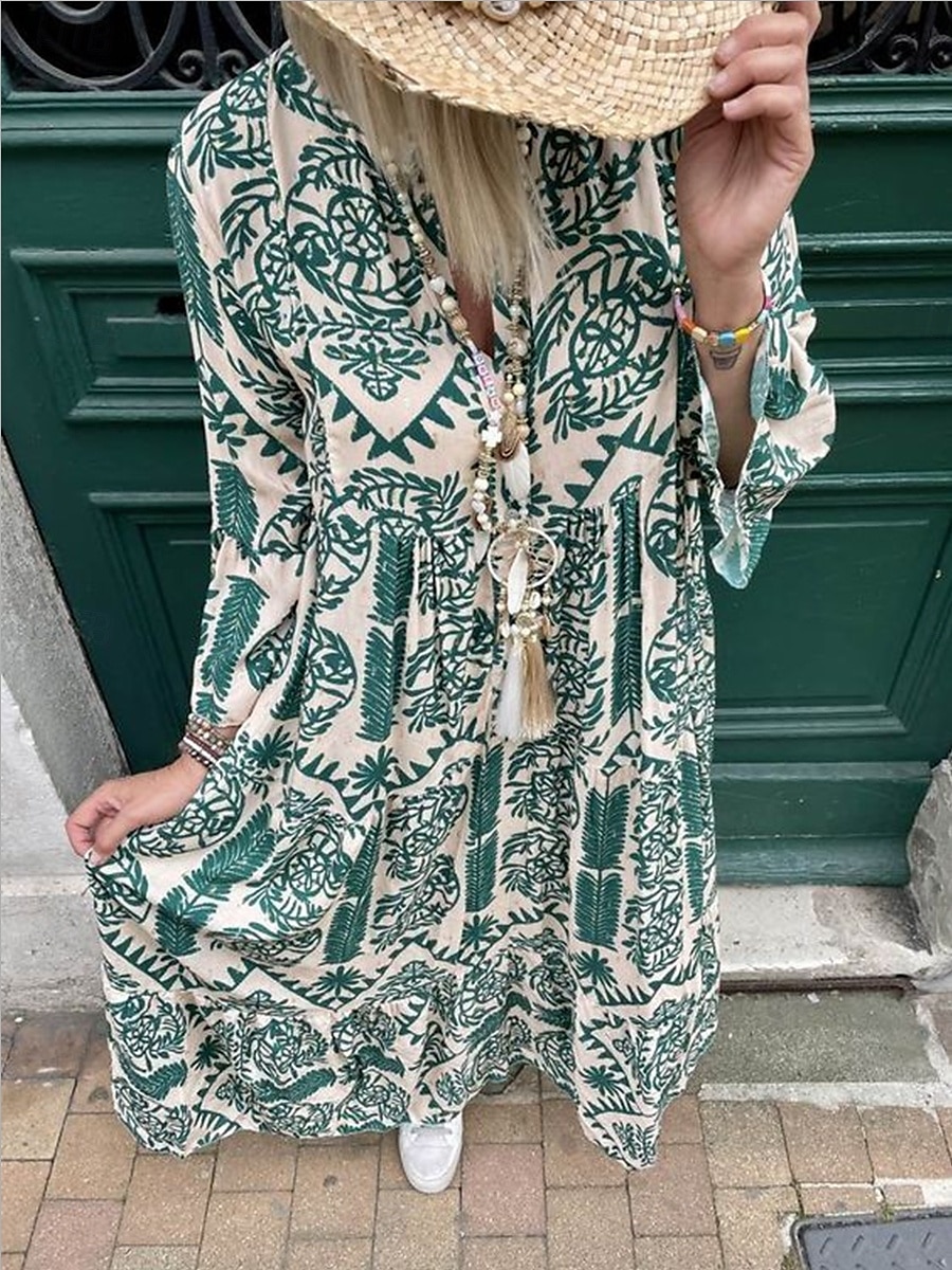 Dámské Maxi šaty Boho šaty Elegantní stylové Dovolená Denní Běžný Grafika Dlouhý rukáv Košilový límec Rubínově červená Vodní modrá Trávová zelená Léto Jaro Podzim 2025 - $30.99 –P5