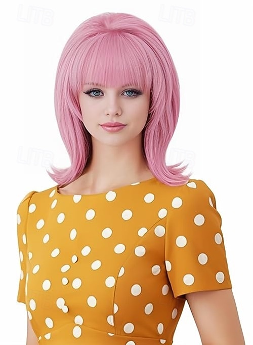 Vintage krátká vlnitá paruka s ofinou retro bouffant včelí úl paruky vhodná na kostým nebo karnevalovou párty v 60. a 70. letech paruky na Halloween 2025 - $19.49 –P4
