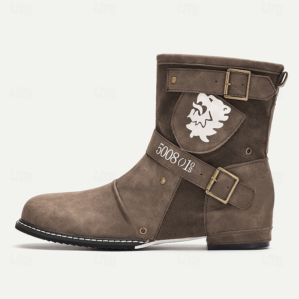 heren steampunk motorlaarzen met dubbele gespen en reliëf leeuwenmotief - bruine enkellaarsjes van imitatieleer 2026 - $39.99 –P2