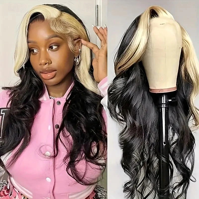 Parrucca frontale in pizzo colorato 13x4 1b/613 con parte libera, capelli brasiliani ondulati, densità 150% per donne nere, 10-28 pollici del 2025 a $182.99 –P1