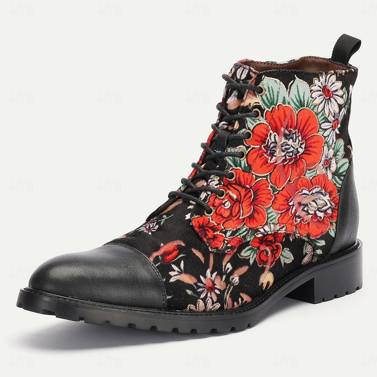 Men's Black Floral Combat Boots with Rugged Soles and Leather Toe Caps for Casual and Outdoor Wear 2025 - $109.99 –P2