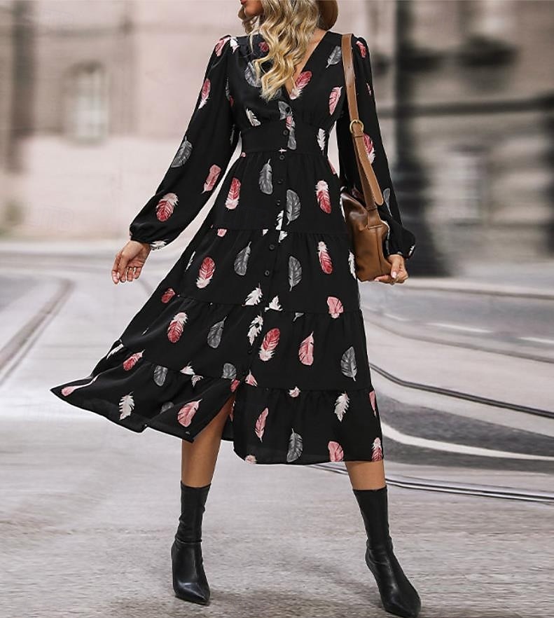 Women's Feather Print V Neck Midi Dress 3/4 Length Sleeve Spring Fall 2025 - $41.99 –P2