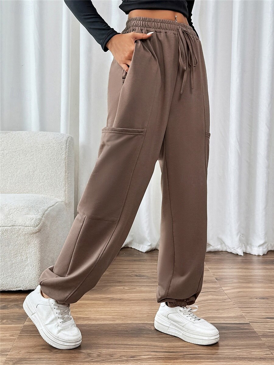 Women's Sweatpants Chinos Fashion Streetwear Full Length High Waist Plain Pocket Elastic Waistband Comfy Soft Comfortable Micro-elastic Outdoor Street Brown Fall Winter Regular Fit 2025 - $26.99 –P3