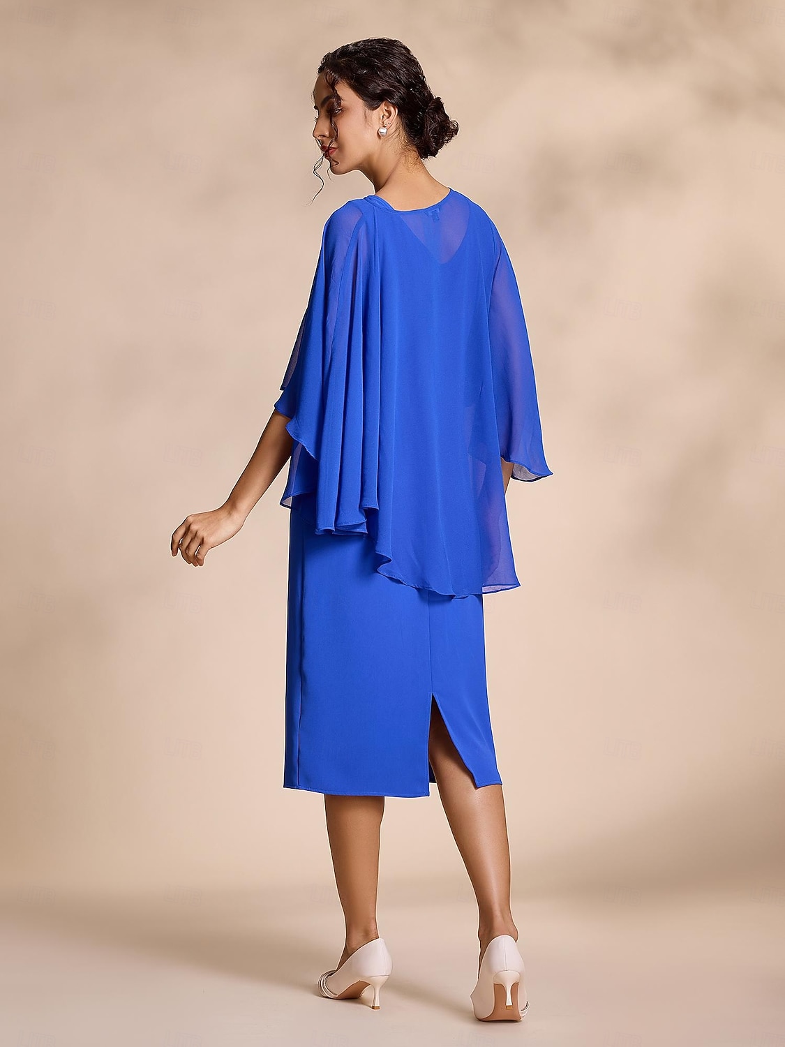 Vestido de gasa azul casual de 2 piezas con mangas redondas y corte midi para madre de la novia, vestido para impresionar 2024 2026 - $99.99 –P2