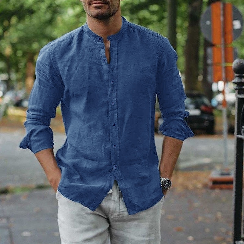Voor heren Overhemd Overhemd met bandkraag Zomer overhemd Overhemd met knopen Normaal shirt Zwart Wit Lange mouw Effen Band Kraag Dagelijks Vakantie Kleding Katoen Katoenmix Modieus Casual Comfortabel 2025 - $22.99 –P1