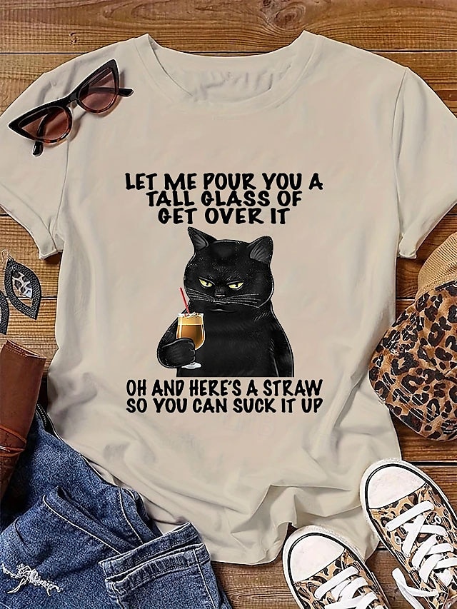 Femme T shirt Chat Lettre Décontractées Manche Courte Col Ras du Cou Hauts réguliers du quotidien Imprimer Blanche Bleu Blanc Ecru Eté de 2025 ? $19.99 –P1