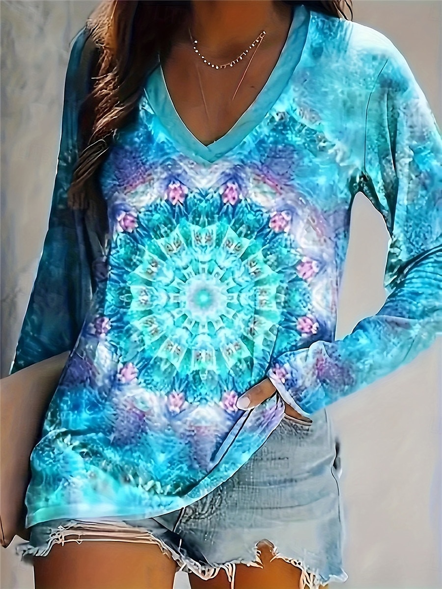 maglietta da donna casual stampa manica lunga top regolari scollo a V quotidiano blu primavera& autunno del 2025 a $22.99 –P2
