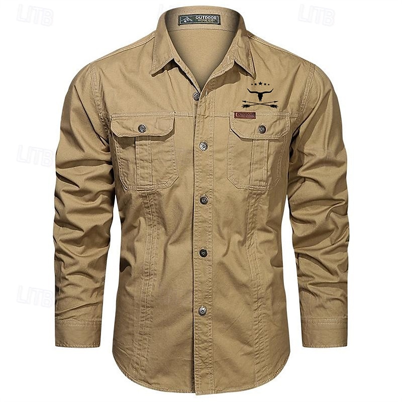 Men's Summer Shirt Casual Shirt Work Shirt Navy Blue Green khaki Light Grey Army Green Long Sleeve Cow Turndown Vacation Holiday Front Pocket Clothing Apparel Cotton Fashion Work Casual Comfortable 2026 - $29.99 –P7