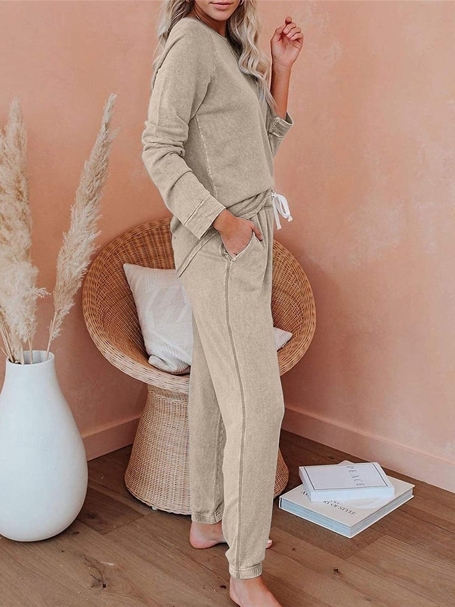 pyjamasset för kvinnor ren färg mode grundläggande komfort hem daglig säng andas rund hals långärmad byxficka resår midja höst vinter hem outfits 2025 - $36.99 –P7