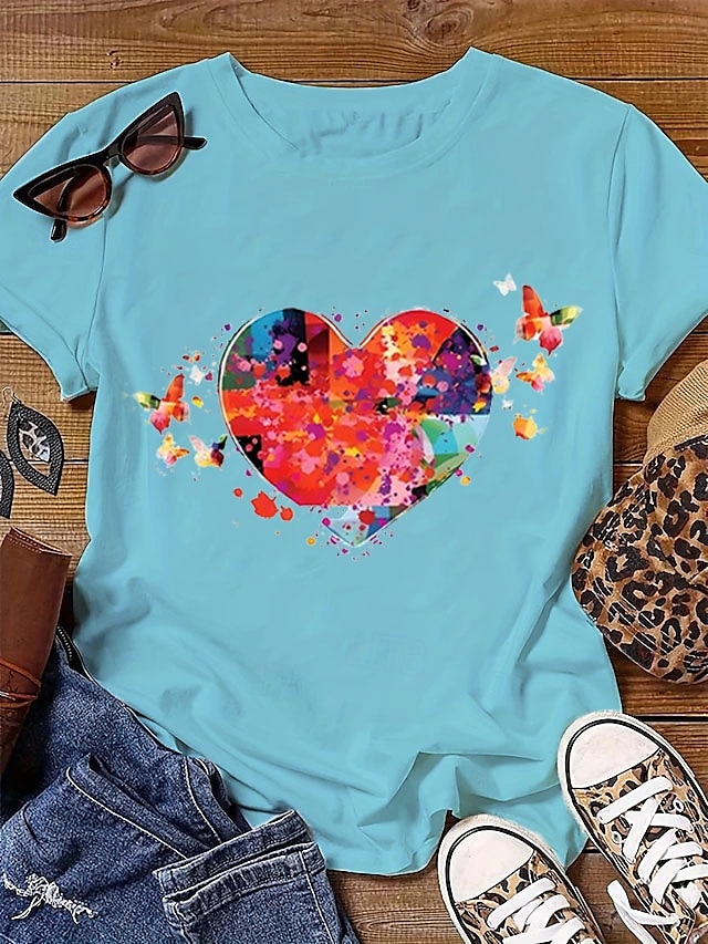 Pentru femei Tricou Inimă Casual Manșon scurt Stil Nautic Topuri obișnuite Zilnic Imprimeu Alb Roz Îmbujorat Albastru piscină Vară 2025 - $19.99 –P4