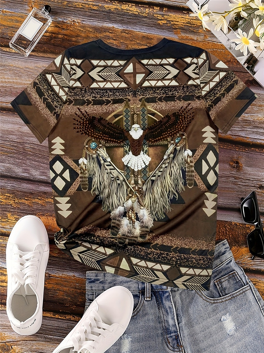 kvinnors t-shirt vintage etniska casual tryck kortärmad vanliga toppar semester brun sommar 2026 - $22.99 –P3