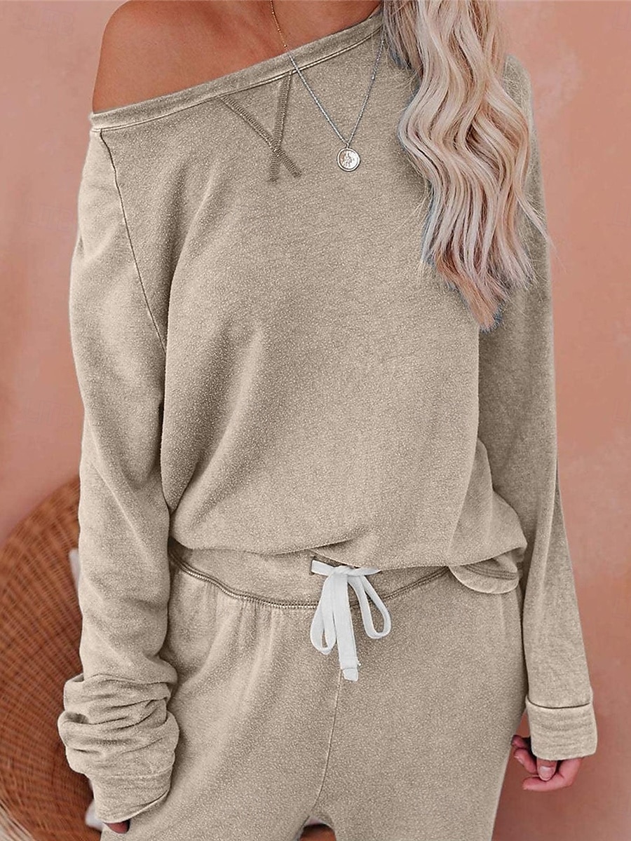 pyjamasset för kvinnor ren färg mode grundläggande komfort hem daglig säng andas rund hals långärmad byxficka resår midja höst vinter hem outfits 2025 - $36.99 –P9