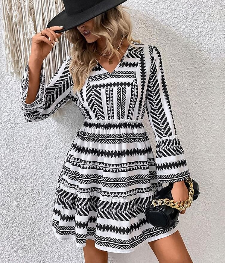 abito midi da donna con stampa geometrica e scollo a V, manica a 3/4, primavera autunno del 2025 a $39.99 –P2