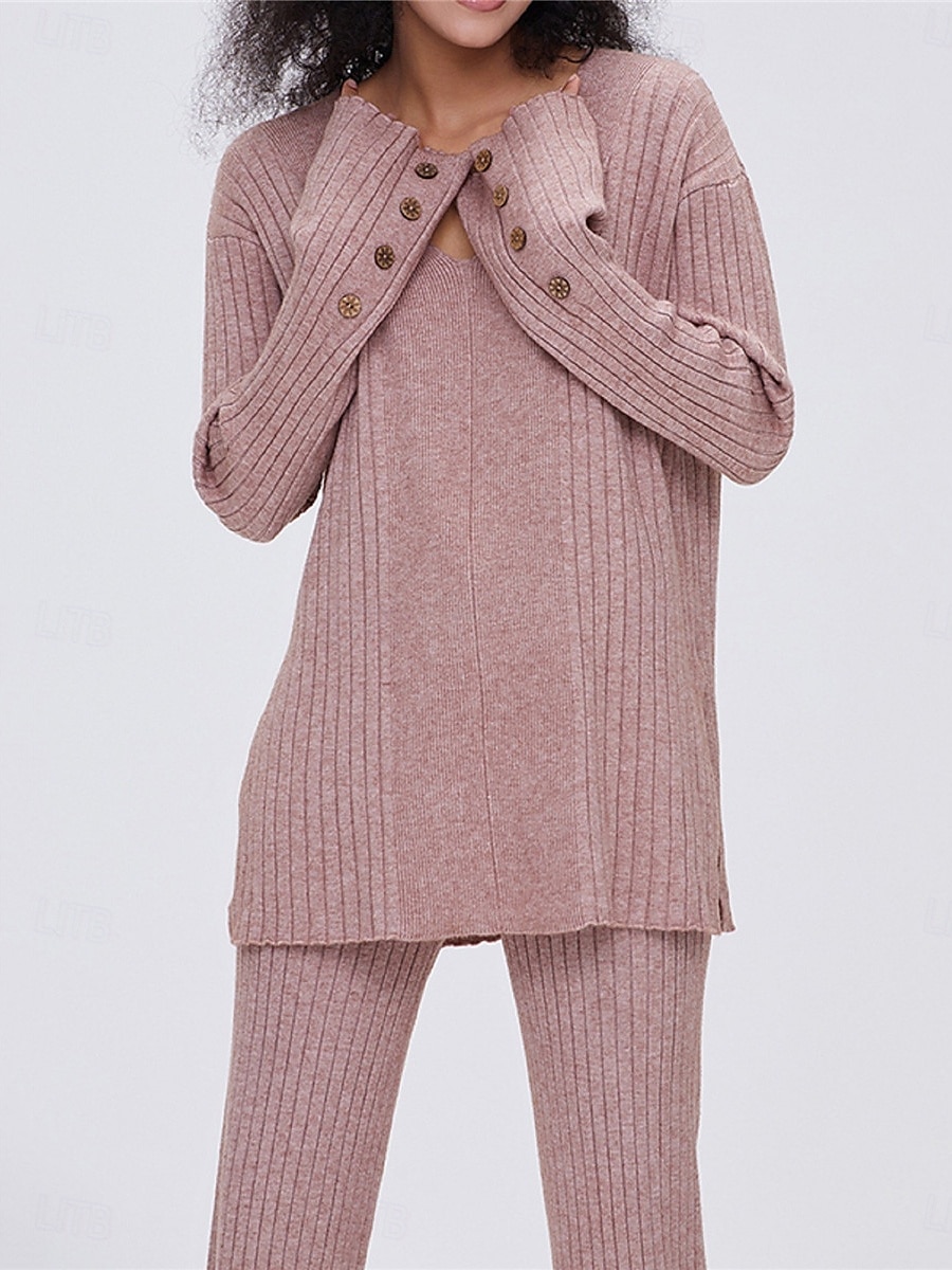 pyjamasset för kvinnor ren färg mode grundläggande komfort hem daglig säng stickad andas v wire långärmad tröja byxknapp resår midja höst vinter hem outfits 2025 - $52.99 –P5