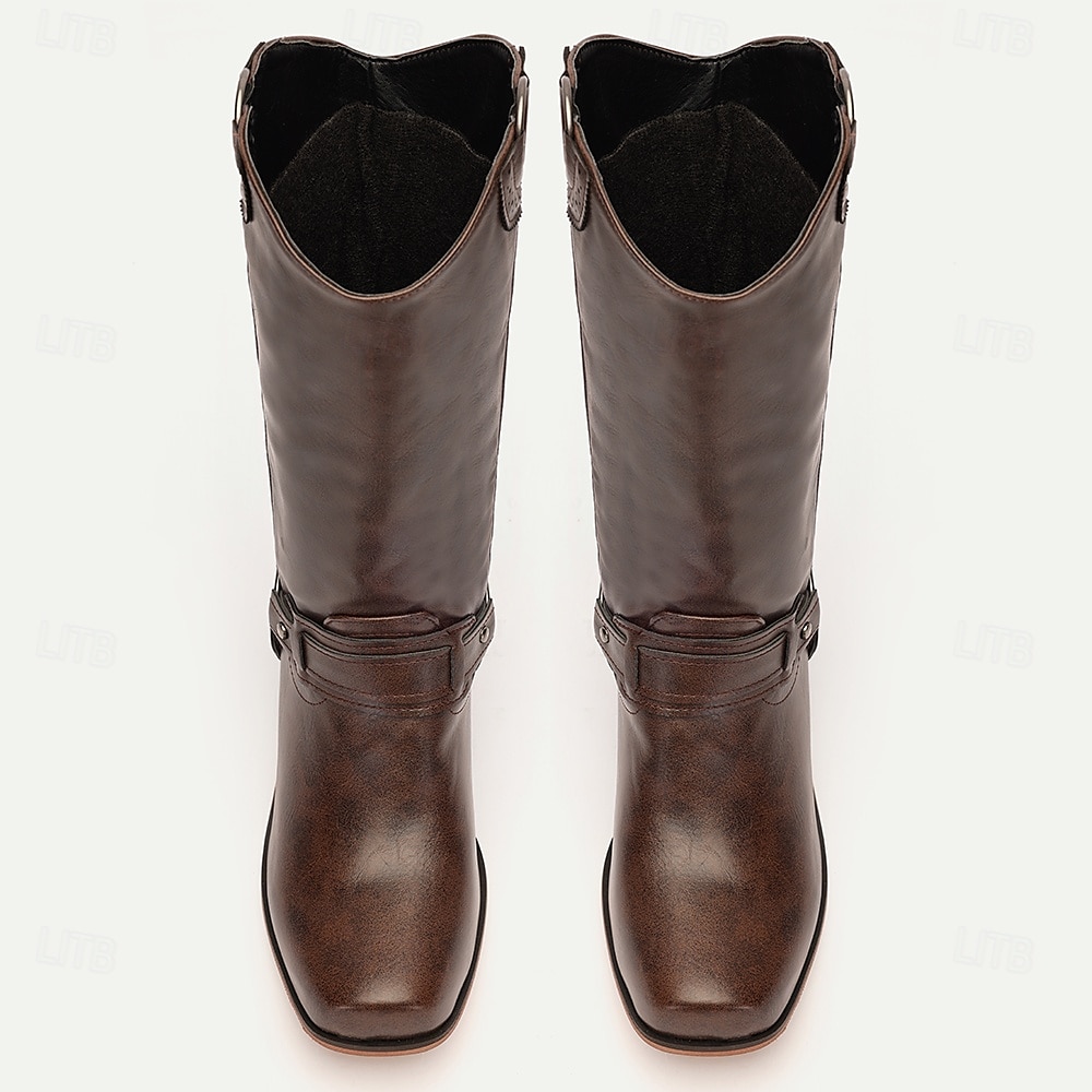 Botas de motociclista estilo western de piel sintética marrón para hombre: estilo clásico con detalle de arnés para uso ecuestre y casual 2025 - $59.99 –P3