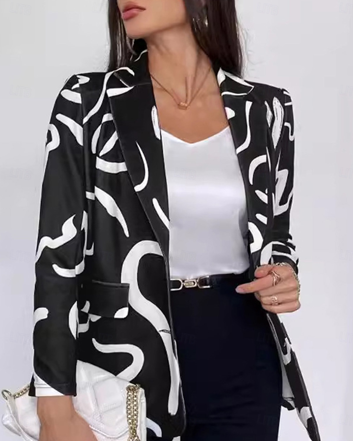 Mujer chaqueta Trabajo Estampado Geométrico Casual / Diario Elegante Ajuste regular Ropa de calle Manga Larga Primavera Negro S 2025 - $31.99 –P3