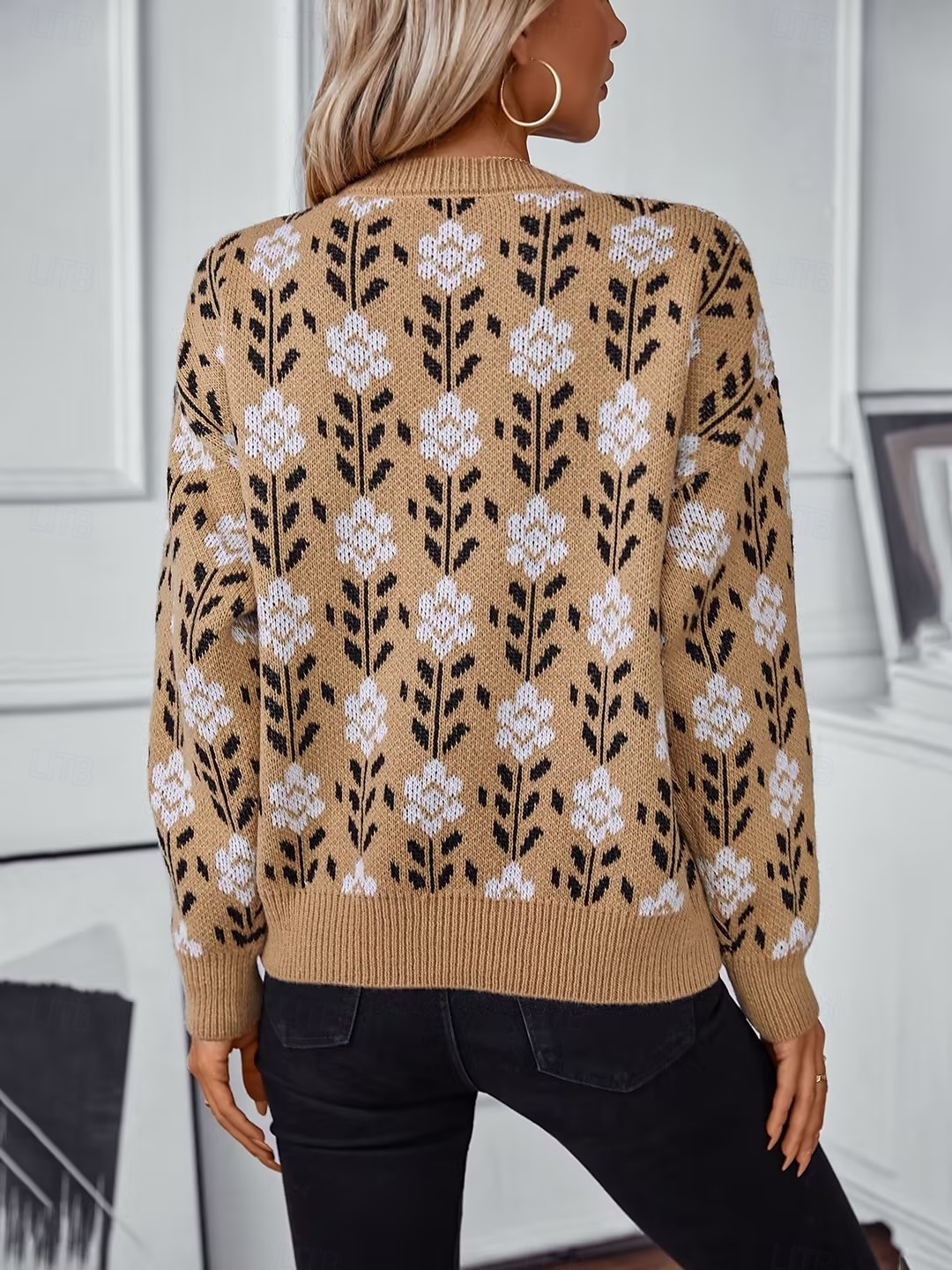 Dame Genser Fritid Blomstret Grafisk Crew-hals Crewneck Langermet Lange topper Strikke Arbeid Kakifarget Høst Vinter 2025 - $31.99 –P3